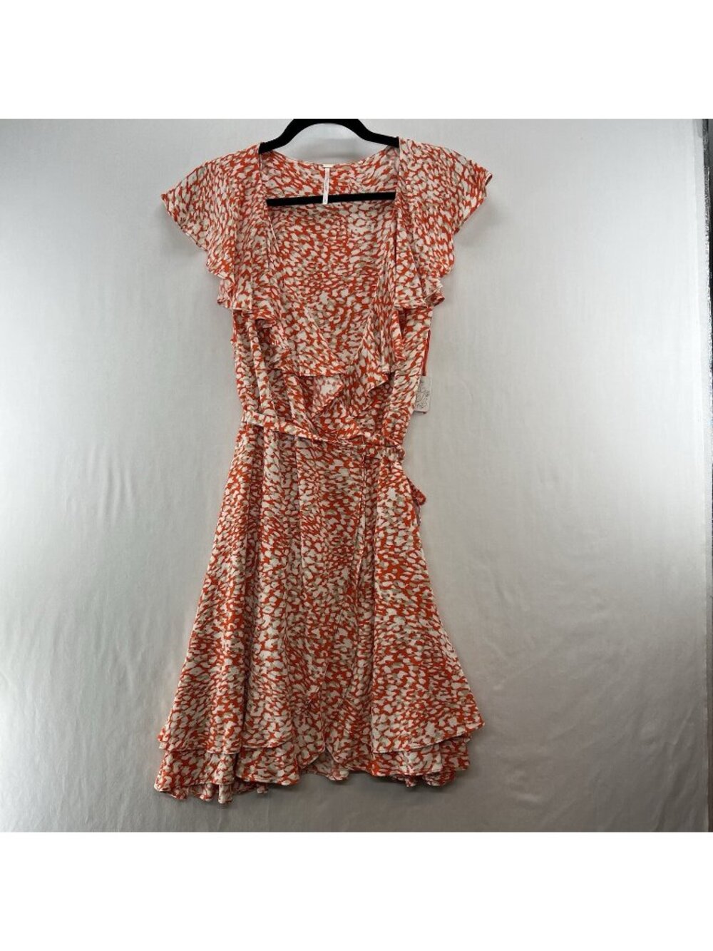 Free People French Quarter Wrap Mini Dress Womens M Abstract Ruffle Boho Orange